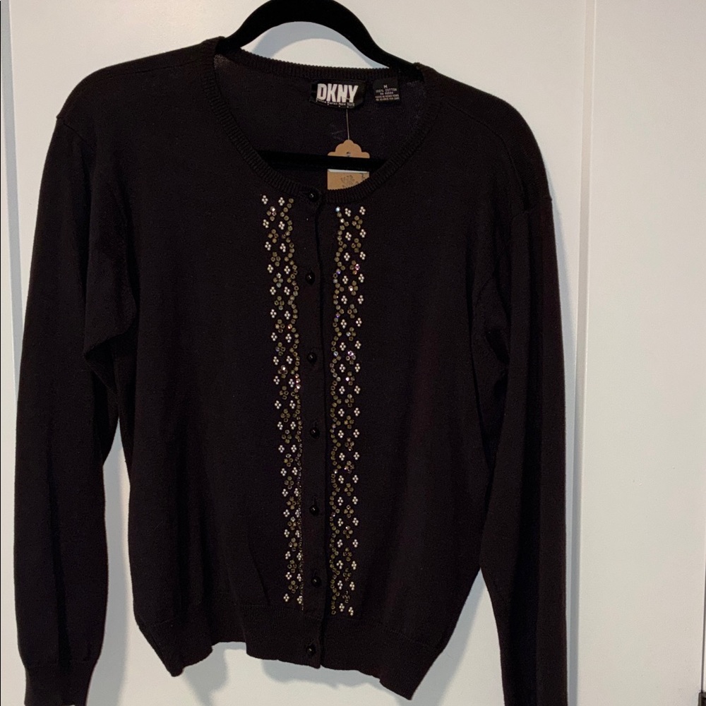 DKNY Black Cardigan with Embroidered Accents